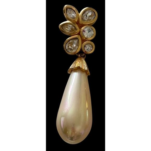 Christian Dior Signed Crystal Pearl Gold Tone Dangle Clip Earrings Crystal Vtg - Picture 12 of 14